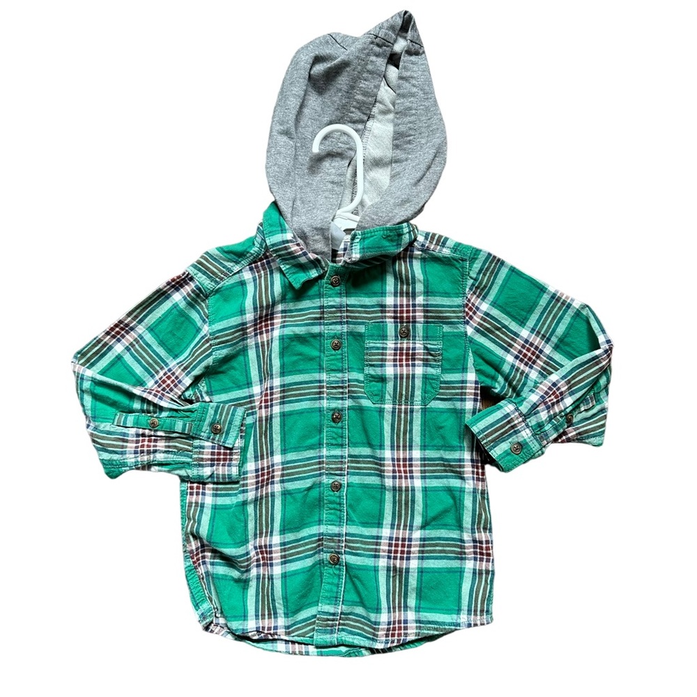 Carters Button down hoodie size 4T boys green plaid pattern grey hoodie